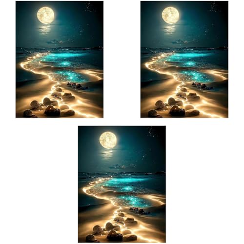 HASTHIP® DIY 5D Diamond Painting Art Kit Dreamy Beach Moonlit Night Beginner for Home Decor No Frame Wall 12 x 16 Inch 3 PCS HASTHIP® DIY 5D Diamond Painting Art Kit Dreamy Beach Moonlit Night Beginner for Home Decor No Frame Wall 12 x 16 Inch 3 PCS